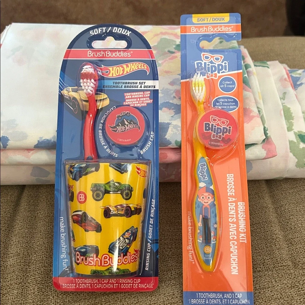 Hot Wheels brush buddies toothbrush set with cup and Blippi brush set - boys